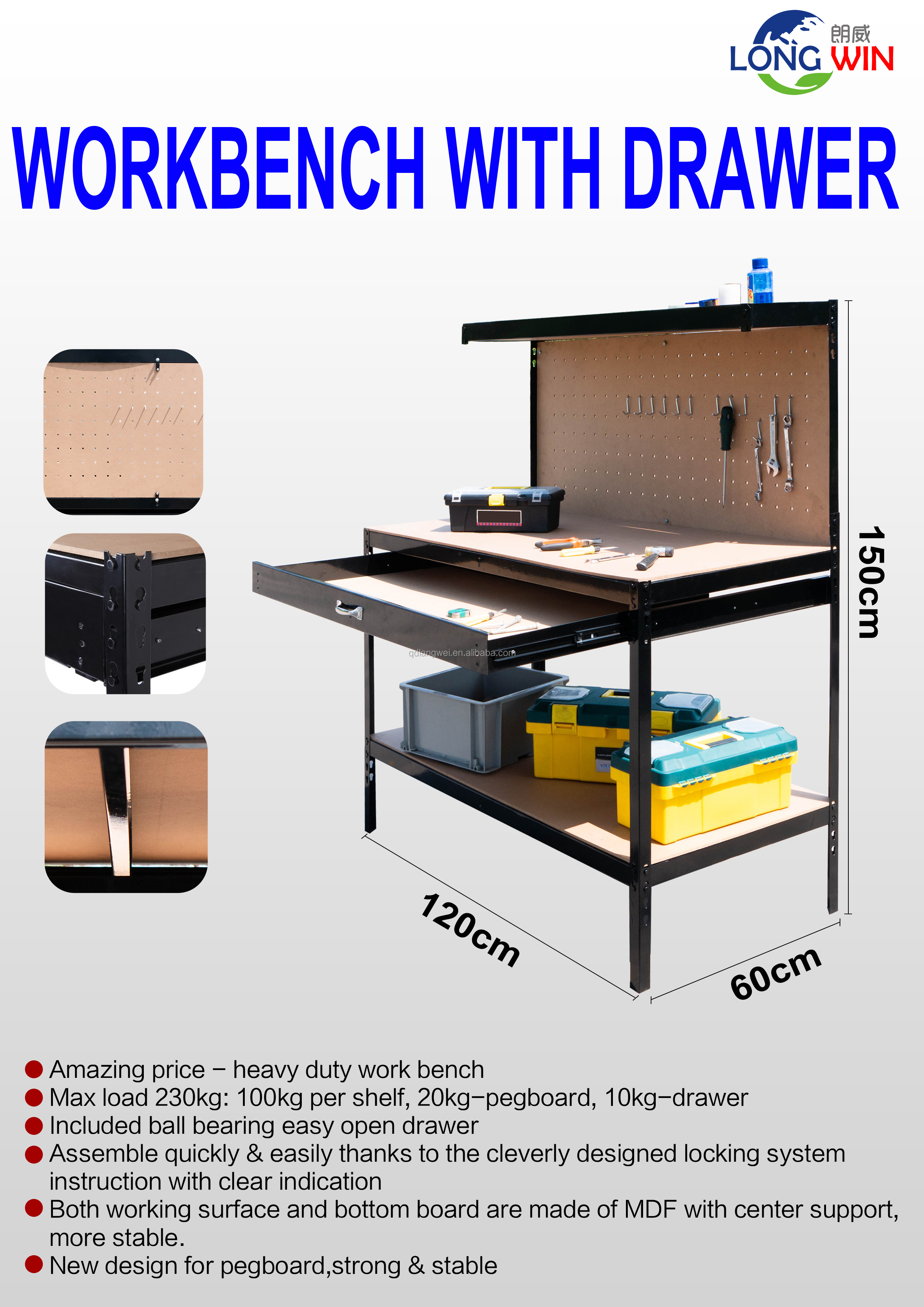 High Quality Industrial Two-Shelf Workbench System Heavy Duty Tool Storage Metal Worktable