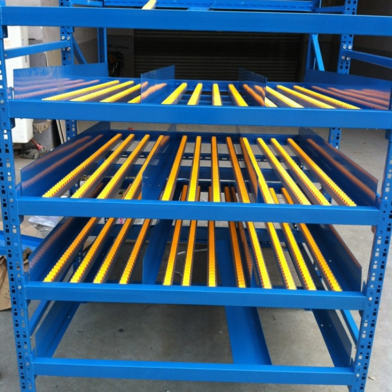 Flow Rack Storage System for FIFO Inventory Management | Industrial Gravity Roller Shelving for Assembly Line / Cold Storage