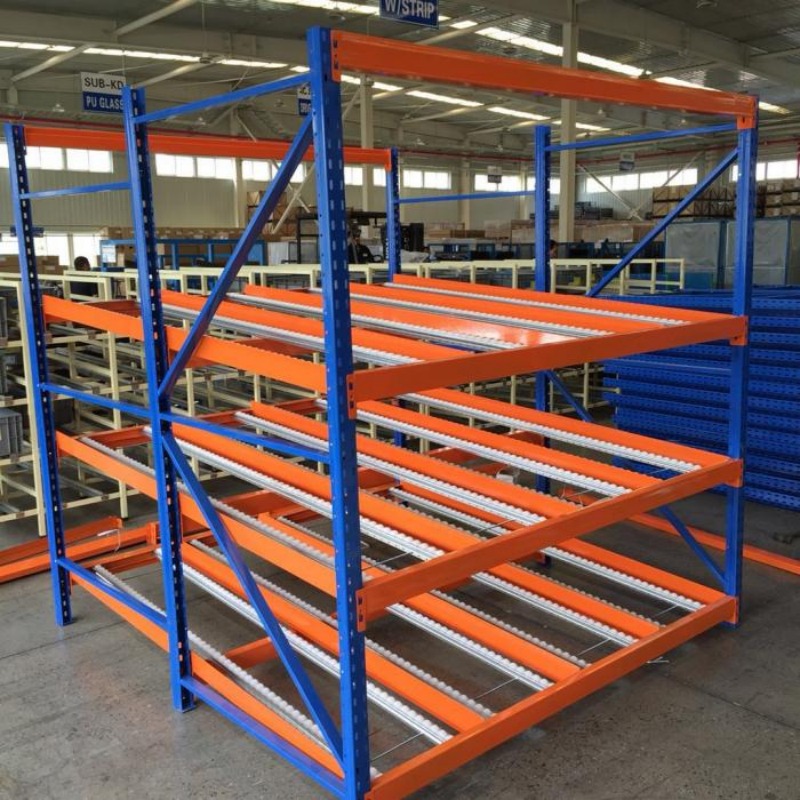 Flow Rack Storage System for FIFO Inventory Management | Industrial Gravity Roller Shelving for Assembly Line / Cold Storage