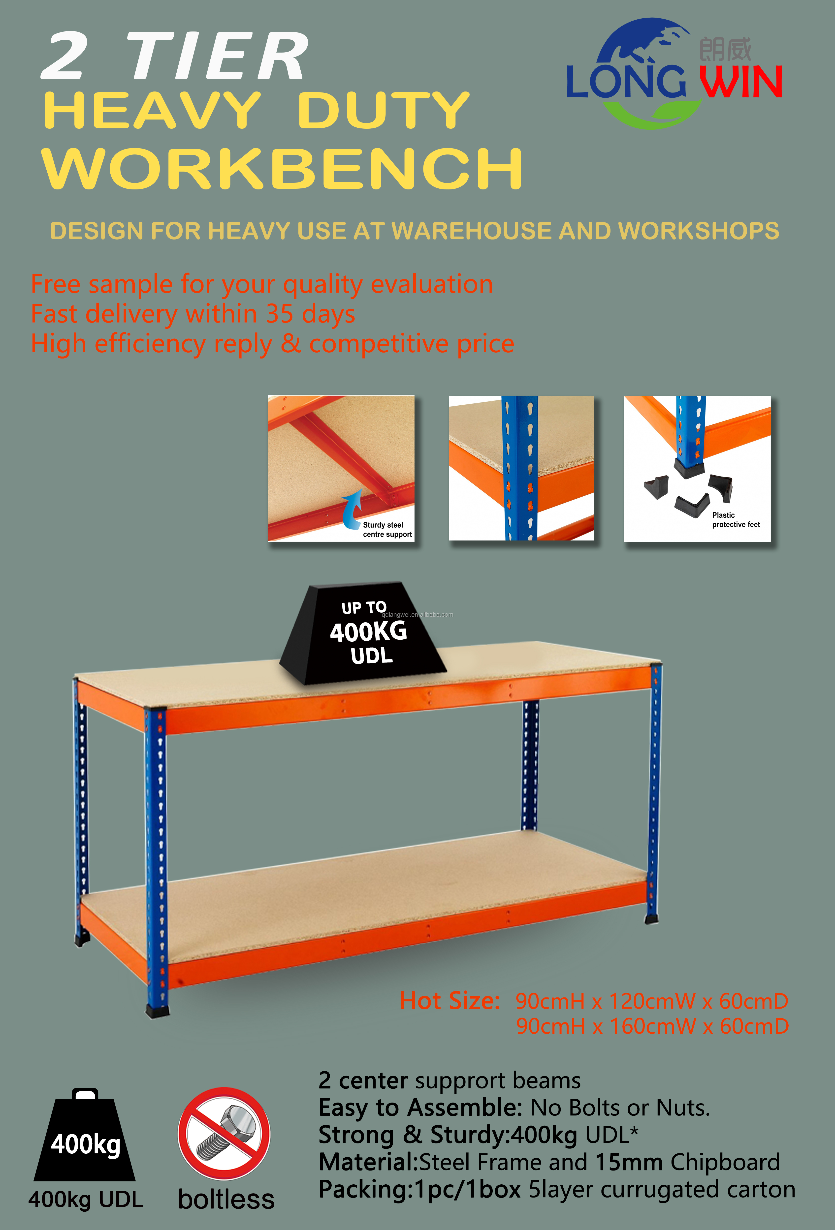 High Quality Industrial Two-Shelf Workbench System Heavy Duty Tool Storage Metal Worktable