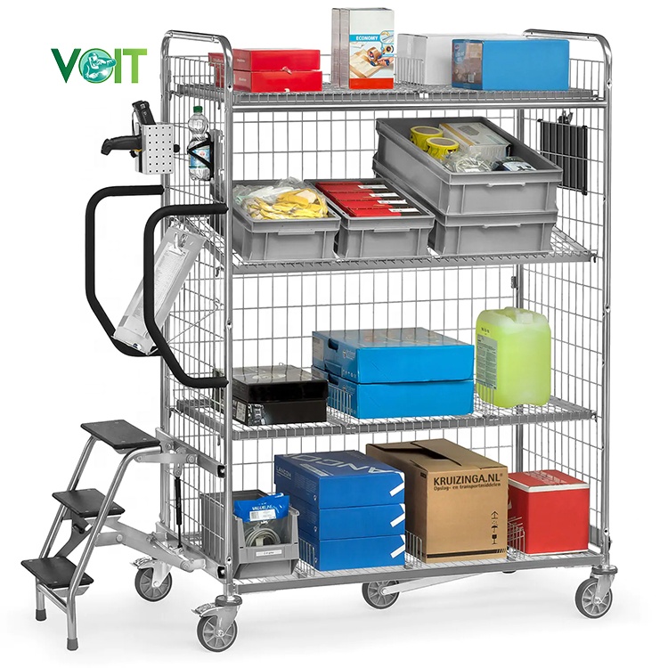 Ecommerce Multi Level Metal Shelf Picking Trolley With Folded Steps
