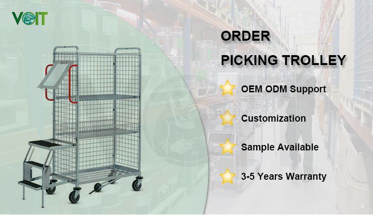 Ecommerce Multi Level Metal Shelf Picking Trolley With Folded Steps