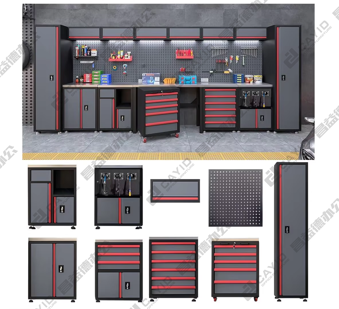 CYD Heavy Duty Garage Storage Combination Tool Cabinets Stainless Steel TopWorkshop Metal WorkBench Tool Bench Workstation
