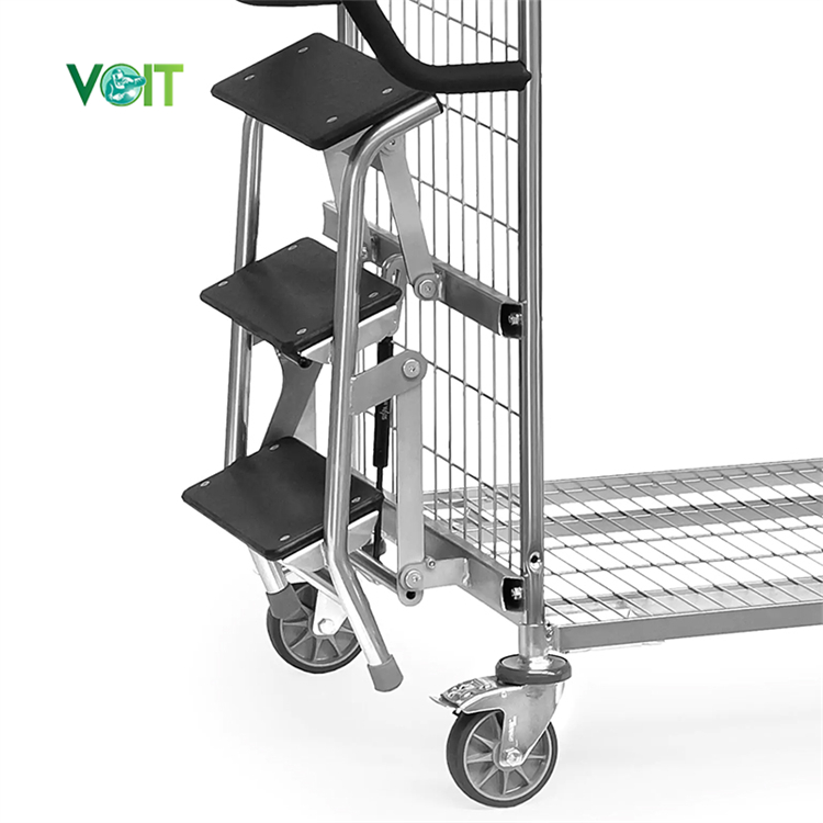 Ecommerce Multi Level Metal Shelf Picking Trolley With Folded Steps