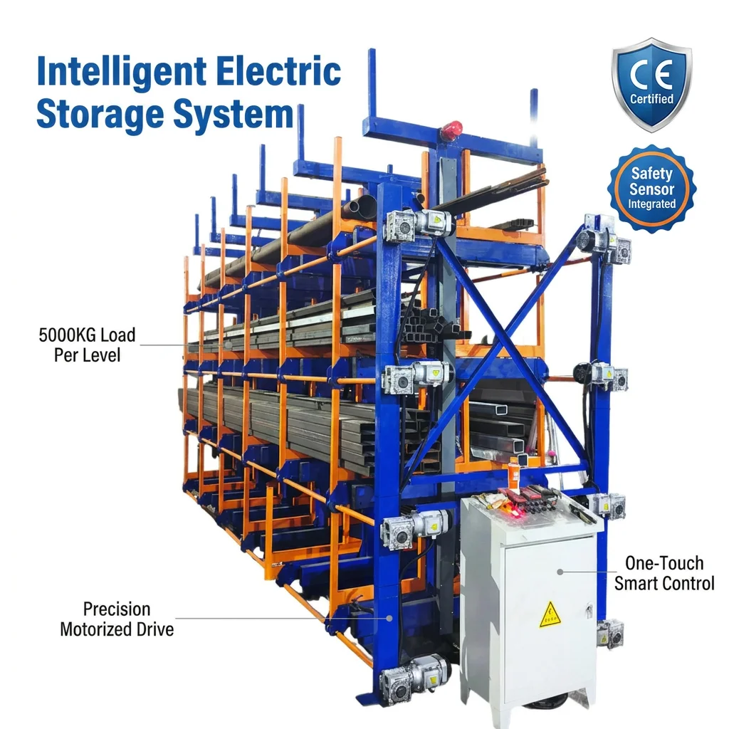Automatic Electric Telescopic Cantilever Storage Rack Heavy Duty 5 Tons Capacity Intelligent Metal Pipe Storage System