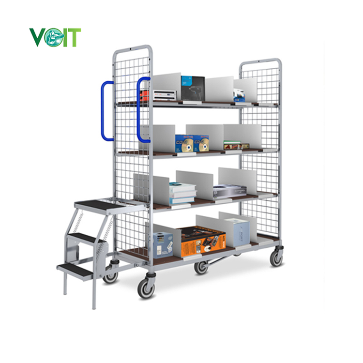 Ecommerce Multi Level Metal Shelf Picking Trolley With Folded Steps