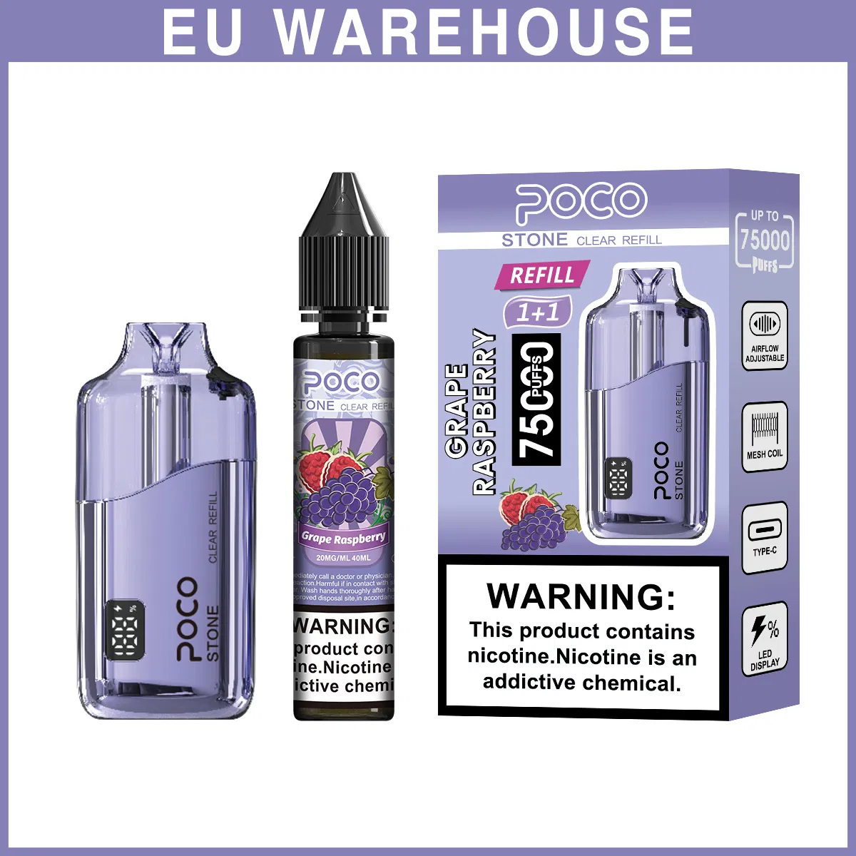 EU Warehouse Poco Stone Disposable Vape 75K Puffs Mesh Coil Rechargeable Airflow Refillable Liquid Wholesale Vaping Device