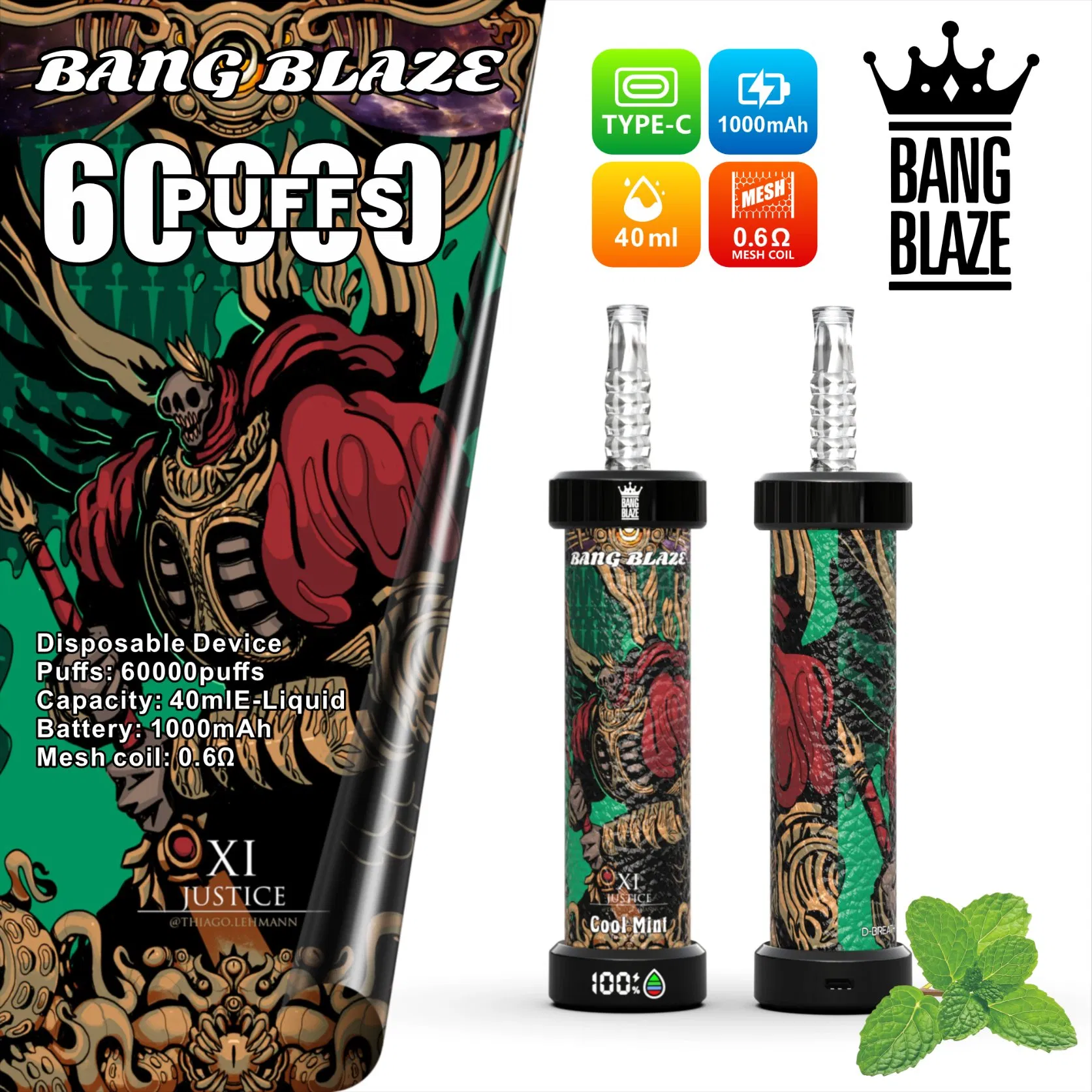 40ml E-Liquid Mesh Coil 60000 Puffs Bang Blaze Shisha 60K Rechargeable Disposable Big Smoke Vape Device