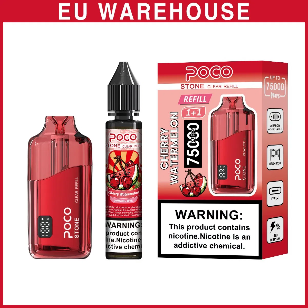 EU Warehouse Poco Stone Disposable Vape 75K Puffs Mesh Coil Rechargeable Airflow Refillable Liquid Wholesale Vaping Device