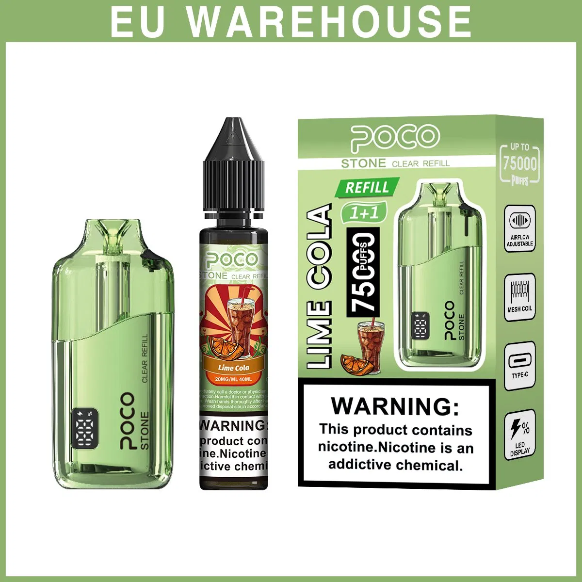 EU Warehouse Poco Stone Disposable Vape 75K Puffs Mesh Coil Rechargeable Airflow Refillable Liquid Wholesale Vaping Device