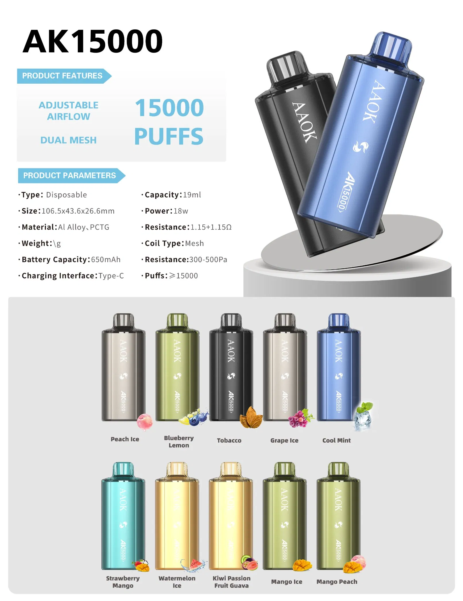 Box Vape Device 15000puffs Dual Mesh Coil with Rechargeable Battery and Airflow Adjustable