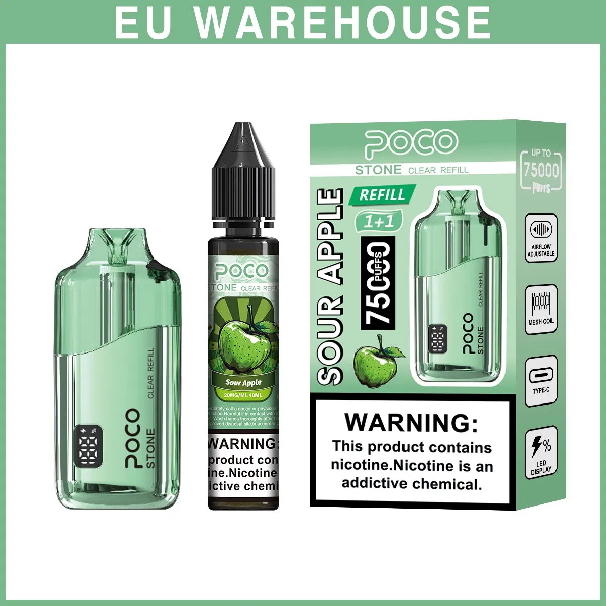 EU Warehouse Poco Stone Disposable Vape 75K Puffs Mesh Coil Rechargeable Airflow Refillable Liquid Wholesale Vaping Device