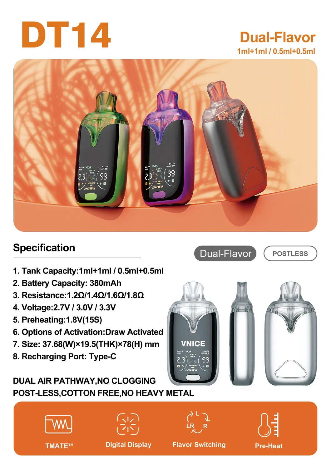 Manufacturer Wholesale 1g 2g 1ml+1ml Ceramic Heating Metal-Free Postless Empty Adjustable Disposable Vape Pen Double Flavor Dual Cart Tank Device with Screen