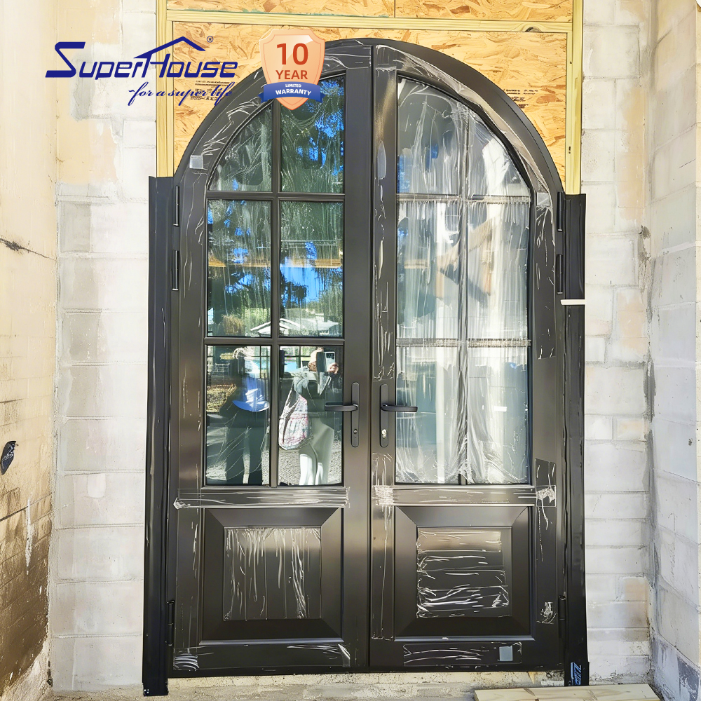 Superhouse Arched Top Double Aluminum French Door Multi Grid Glass Thermal Break Frame Windproof Waterproof Villa Entry Door