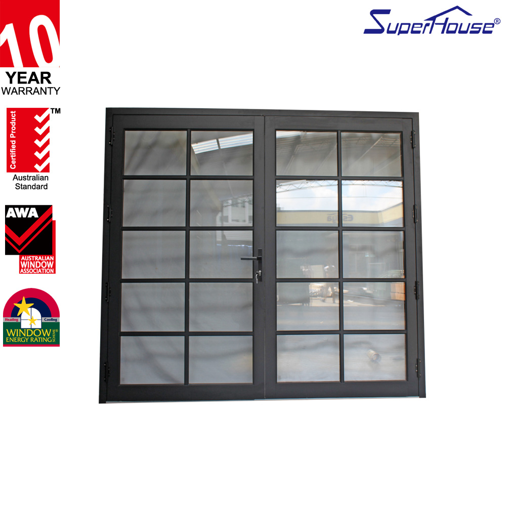 Hurricane Rated Modern Aluminum Interior French Doors with Decorative Grille Double Glass, NOA Certified for Prefabricated Homes