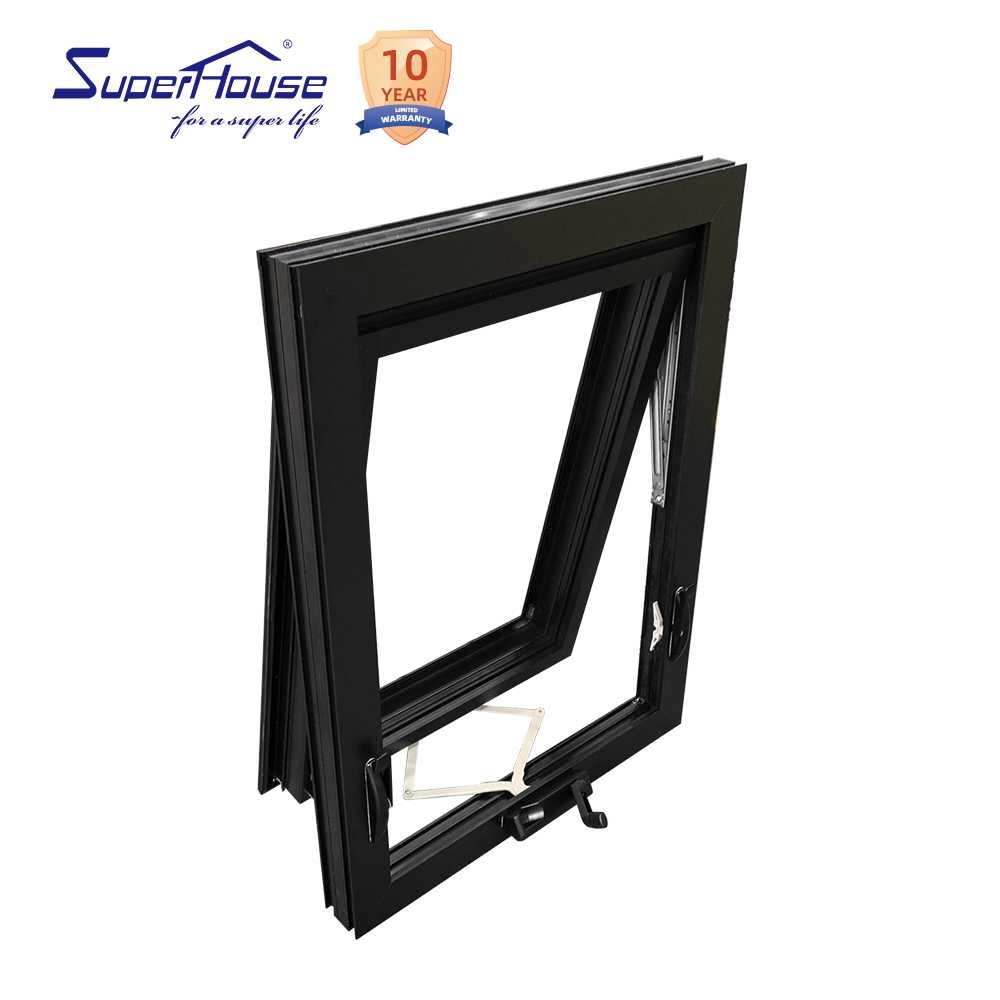 Superhouse American Style Modern Design NFRC Customized Size Tempered Glass Black Aluminum Crank Awning Window