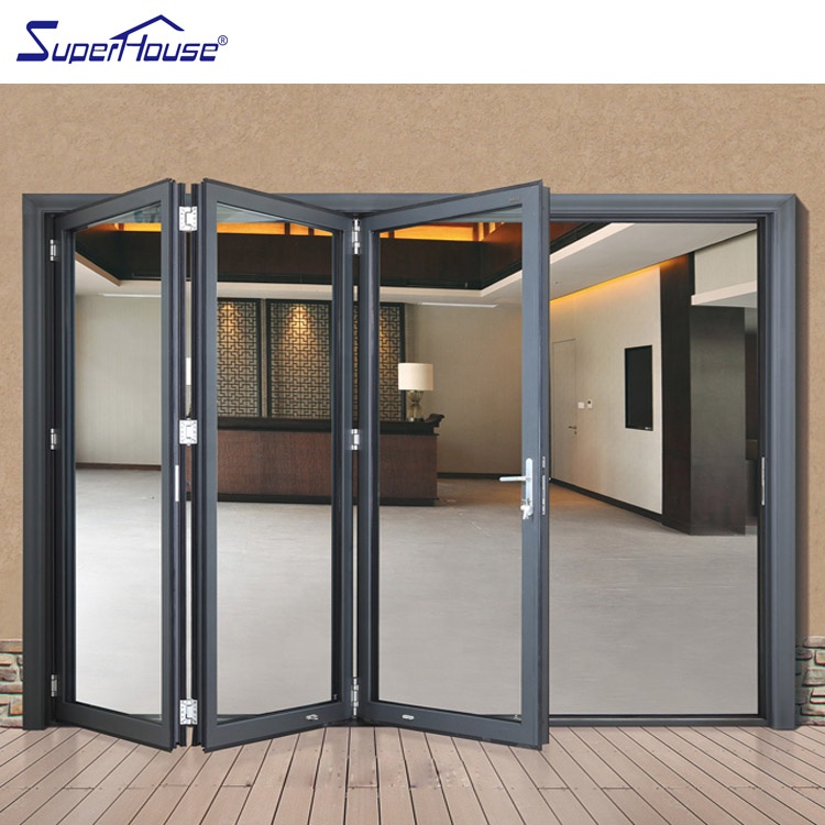 Commercial Hurricane Rated Aluminum Bifolding Door Horizontal Opening Double Glass Retractable Flyscreen for Shop Front Entrance