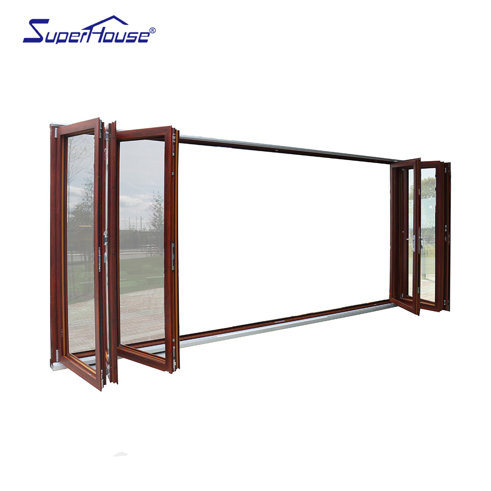 Balcony Entry Aluminum Folding Door Wood Grain Finish German Hardware Double Glazing Wind Water Impact Resistant Villa Patio