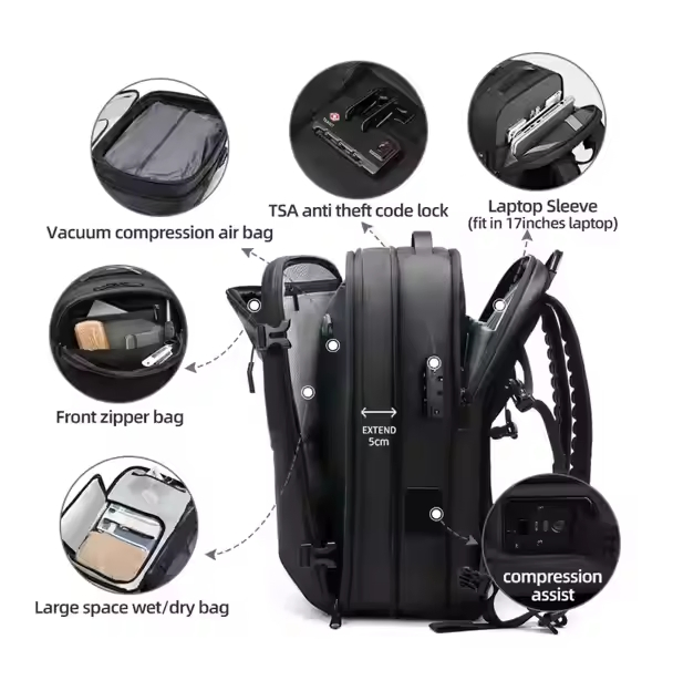 Mochila de Viagem com Compressão a Vácuo 60L Solução Expansível de Uma Só Bolsa para Nômades Digitais 900d Oxford e Aprovada pela TSA