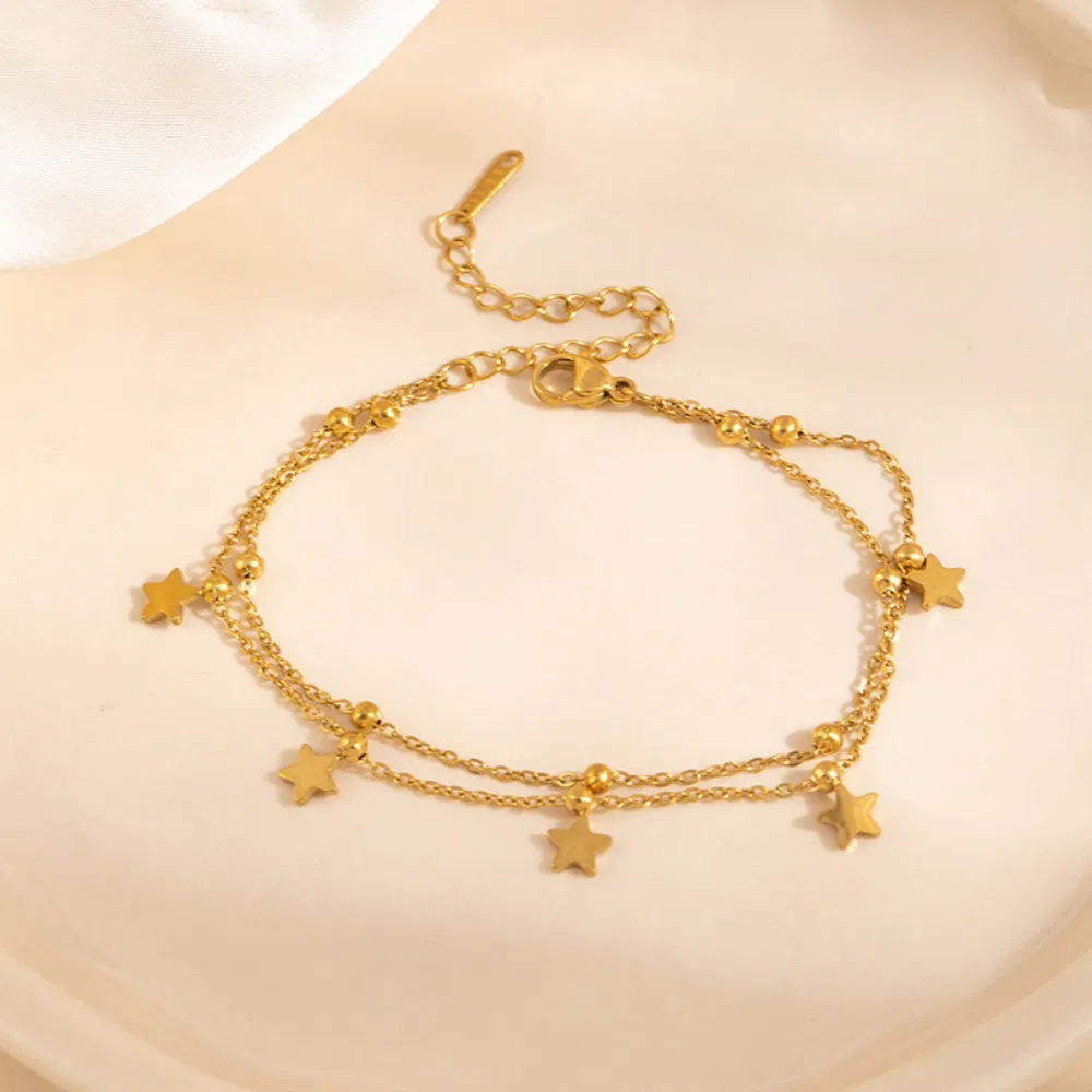 Jóias de Moda Vintage Pulseiras de Coração e Estrela com Corrente de Duas Camadas em Aço Inoxidável para Mulheres, Presente de Jóias