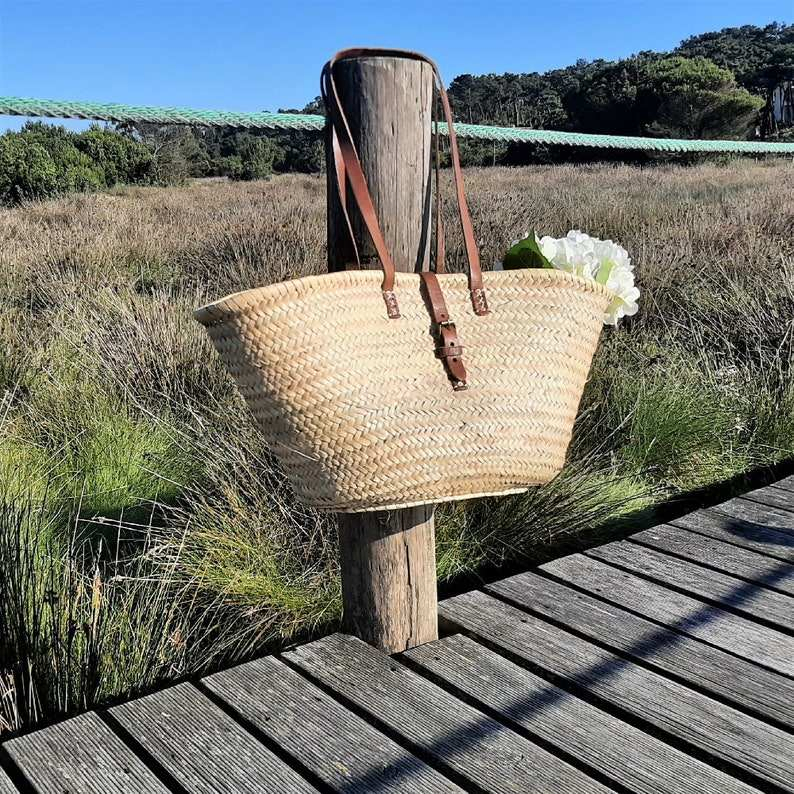 Bolsa de Mercado de Palha Feita à Mão com Acentos de Couro Estilo Ecológico para Compras