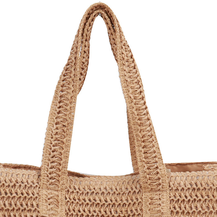 Bolsa de Praia de Papel Ráfia Natural Bordada com Letras Pretas Estilo Casual para Compras de Verão Feminina em Poliéster