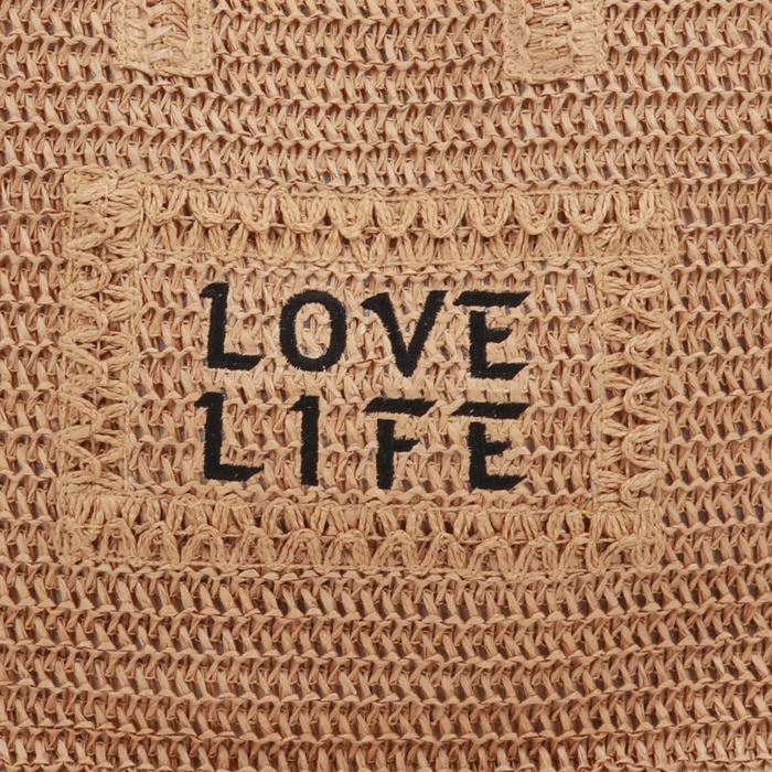Bolsa de Praia de Papel Ráfia Natural Bordada com Letras Pretas Estilo Casual para Compras de Verão Feminina em Poliéster