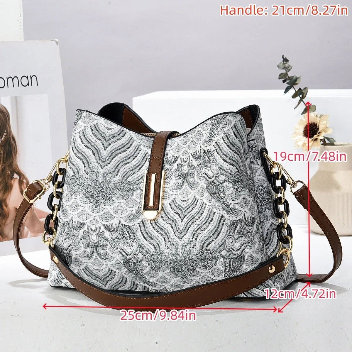 Bolsa Balde Jacquard com Ondas Abençoadas em Estilo Chinês, Luxo Leve para o Dia a Dia, Uso Manual, Ombro e Transversal, Bolsa Feminina de Duplo Uso