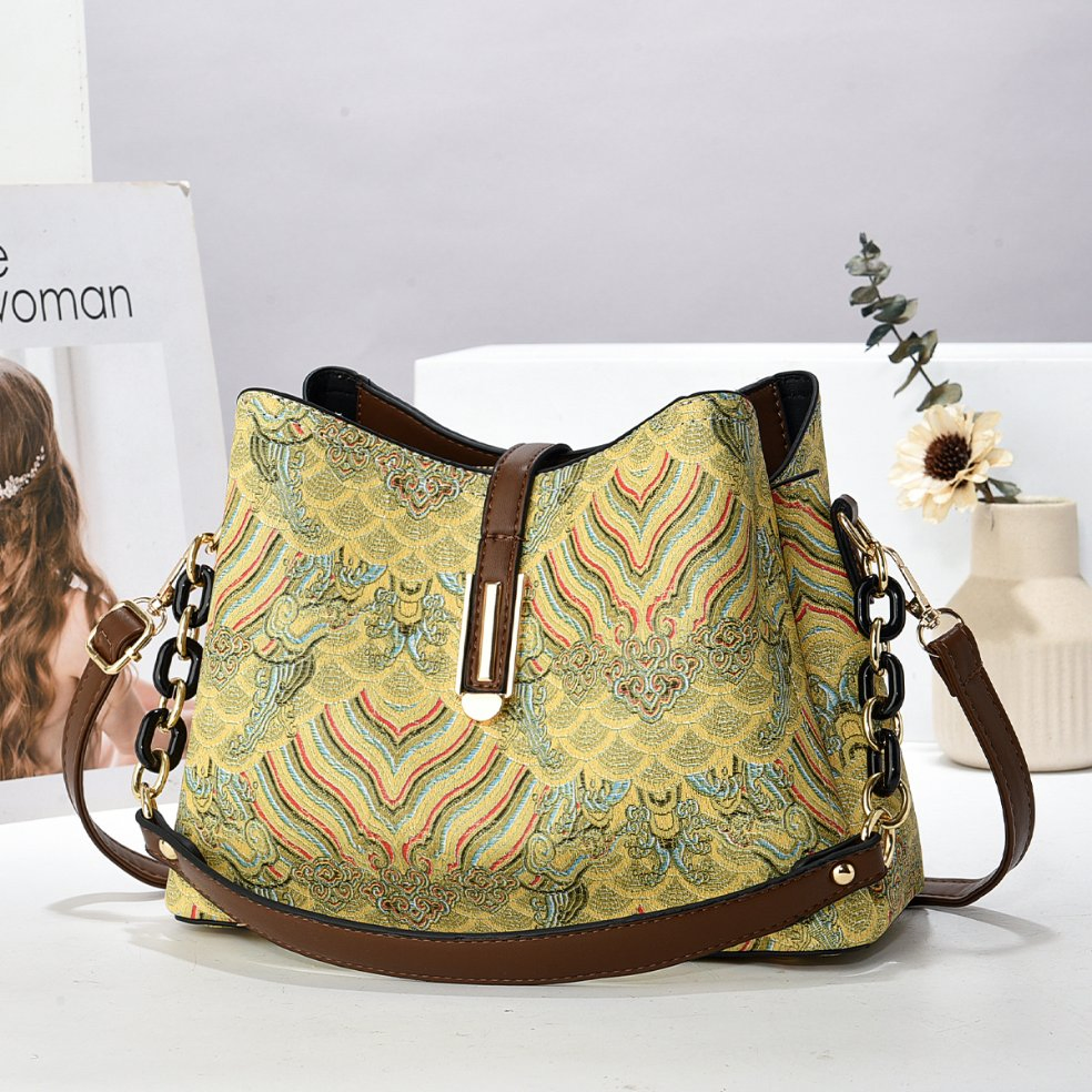 Bolsa Balde Jacquard com Ondas Abençoadas em Estilo Chinês, Luxo Leve para o Dia a Dia, Uso Manual, Ombro e Transversal, Bolsa Feminina de Duplo Uso