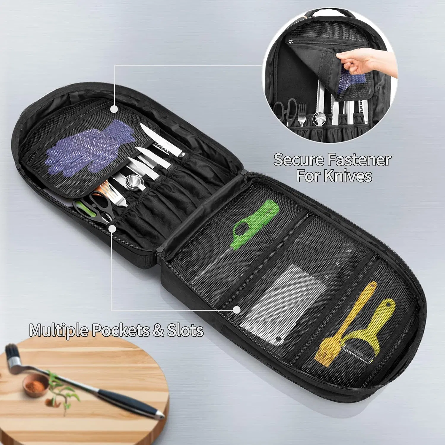 Mochila de Chef de Três Camadas com Bolsa para Facas Mochila Profissional para Chef com 12 + 23 Compartimentos Múltiplos Bolsos Estojo para Transporte de Facas de Chef Rolos para Cozinha