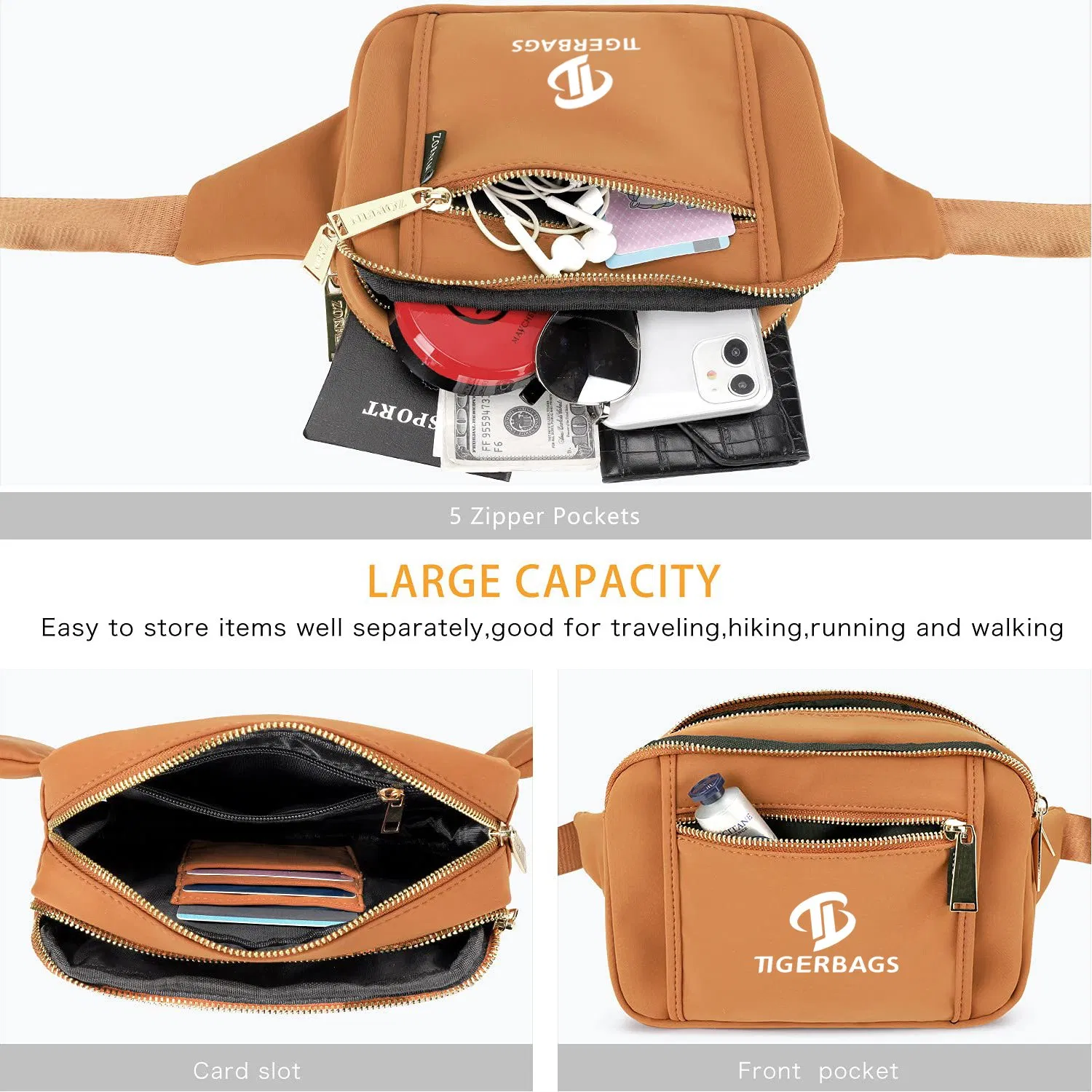 Bolsa de Cintura Feminina Bolsa de Cintura Masculina com 5 Bolsos com Zíper Cinto Ajustável