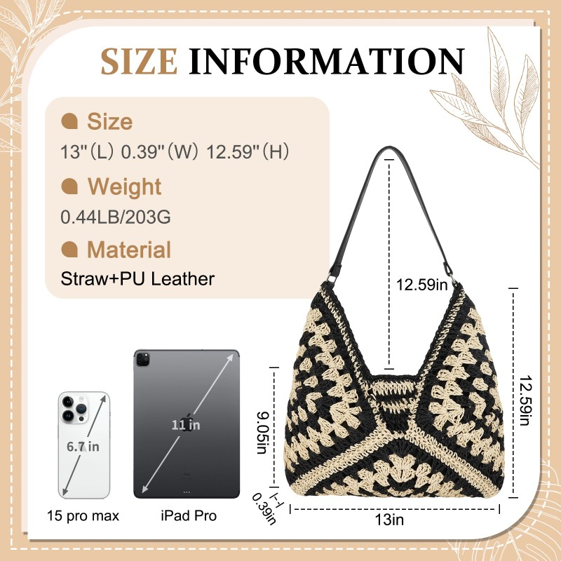 Bolsa Tote Woven Vintage Estilosa para Aventuras de Verão na Praia, Bolsa de Palha Hobo para Mulheres