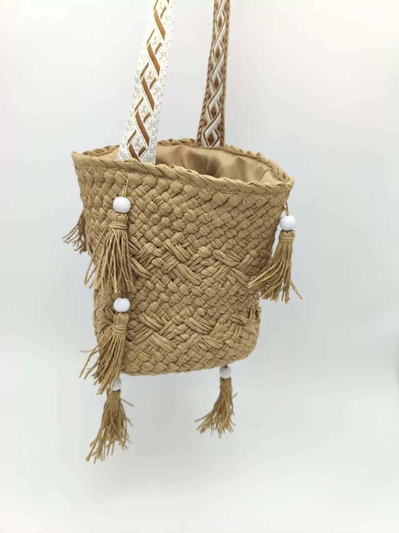 Bolsa de Praia de Ombro Feita à Mão com Franjas e Contas - Bolsa Transversal Boêmia para Mulheres, Bolsa de Palha Trançada Casual de Verão