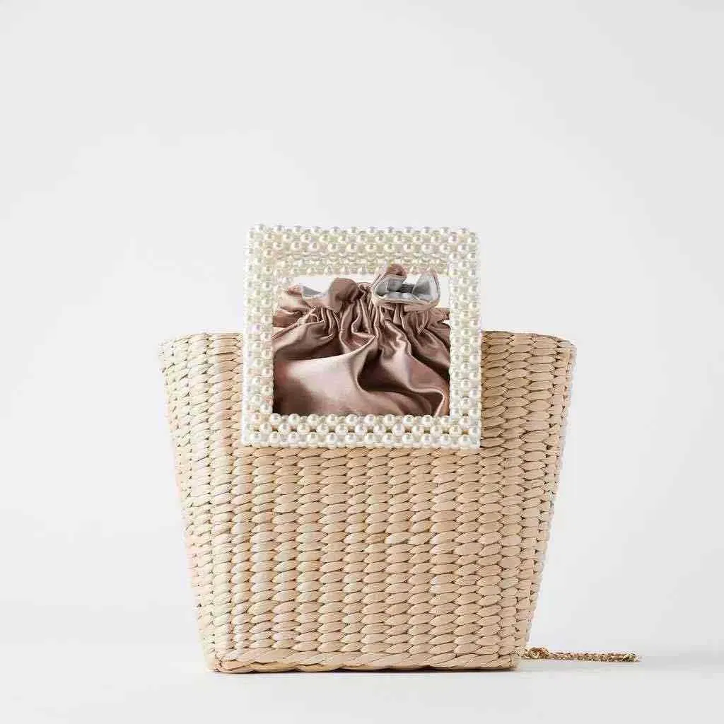 Bolsa de Praia de Palha Perolada Artesanal Woven Tote Wyz16460
