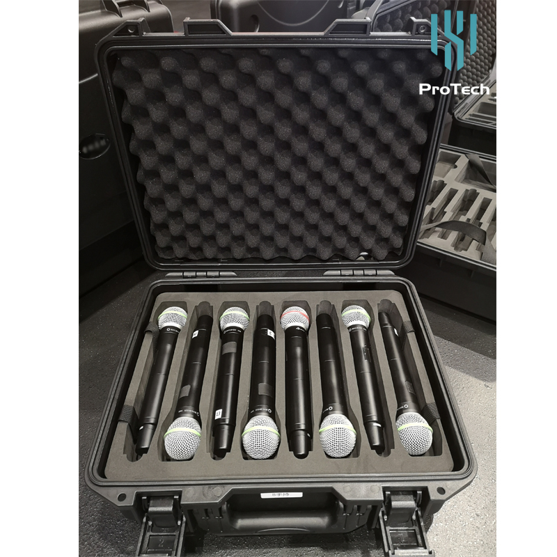 Estojo de viagem à prova de choque e à prova d'água em plástico rígido para transporte de microfone sem fio com espuma