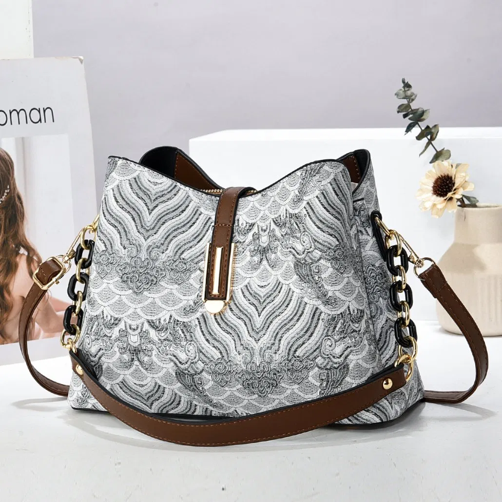 Bolsa Balde Jacquard com Ondas Abençoadas em Estilo Chinês, Luxo Leve para o Dia a Dia, Uso Manual, Ombro e Transversal, Bolsa Feminina de Duplo Uso