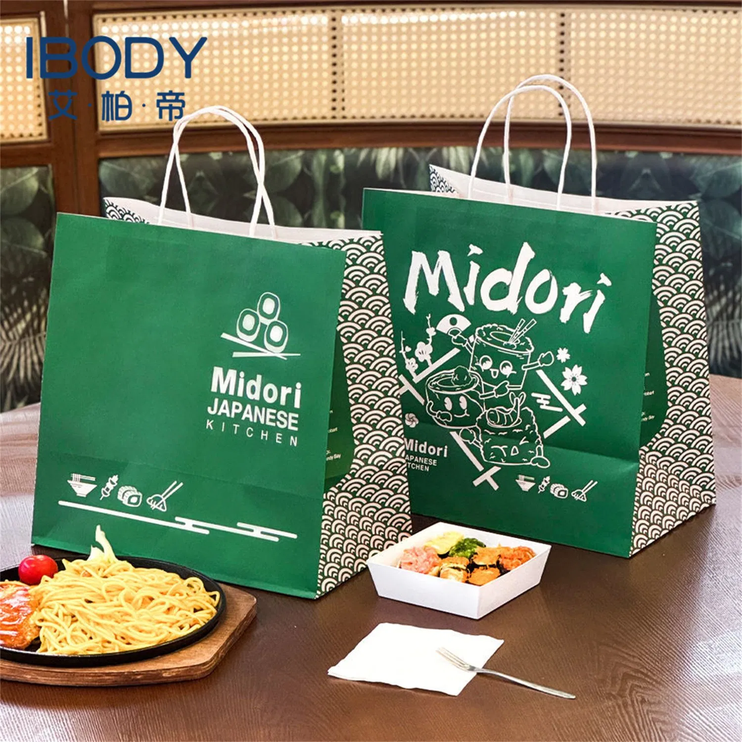 Saco de papel kraft descartável impresso com logotipo para restaurante, embalagem para takeout de massa e salada