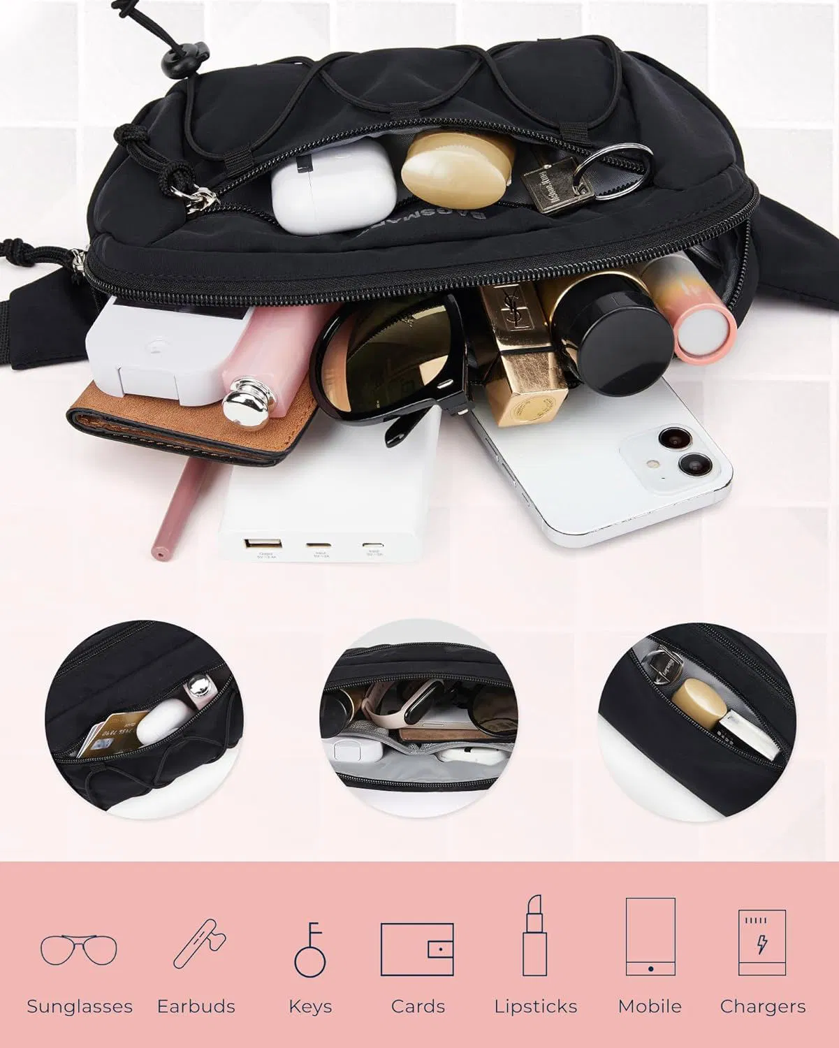 Mochila de Cintura Personalizada para Esportes à Prova d'Água em Nylon com Design e Bolsos