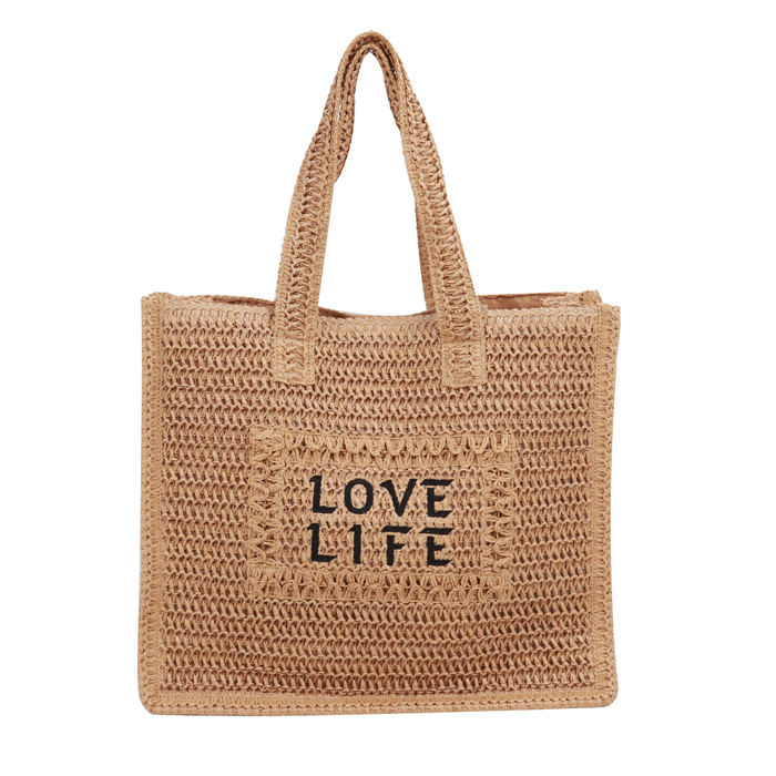 Bolsa de Praia de Papel Ráfia Natural Bordada com Letras Pretas Estilo Casual para Compras de Verão Feminina em Poliéster