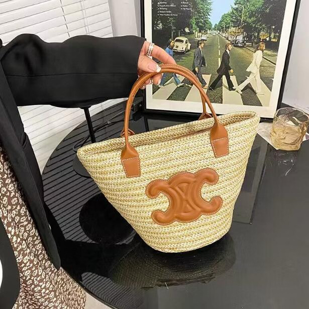 Bolsa de Palha Woven Bucket para Mulheres, Designer, Ombro Único, Estilo Novo de Verão, Tendência, Bolsa e Bolsa de Cesta Woven, Réplica Atacadista 1: 1