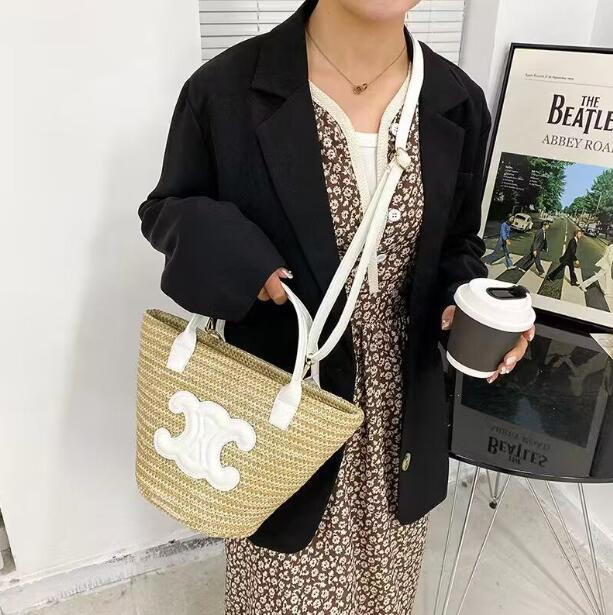Bolsa de Palha Woven Bucket para Mulheres, Designer, Ombro Único, Estilo Novo de Verão, Tendência, Bolsa e Bolsa de Cesta Woven, Réplica Atacadista 1: 1