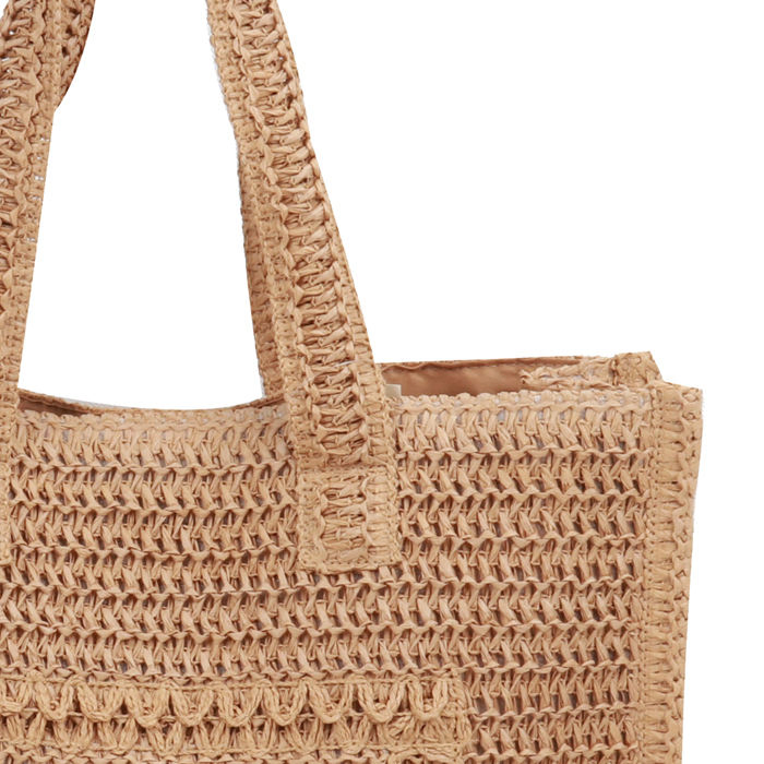Bolsa de Praia de Papel Ráfia Natural Bordada com Letras Pretas Estilo Casual para Compras de Verão Feminina em Poliéster