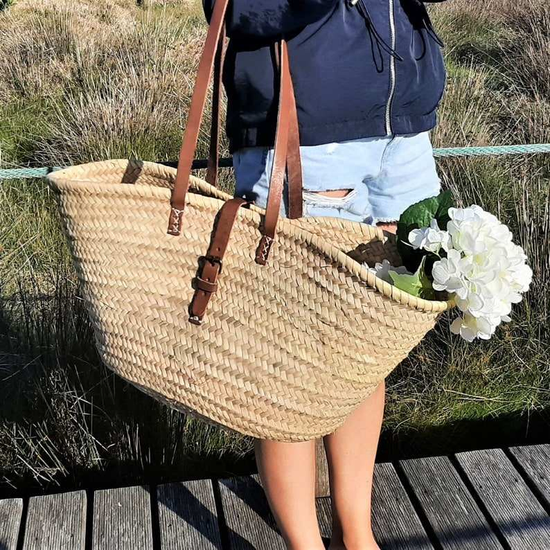 Bolsa de Mercado de Palha Feita à Mão com Acentos de Couro Estilo Ecológico para Compras