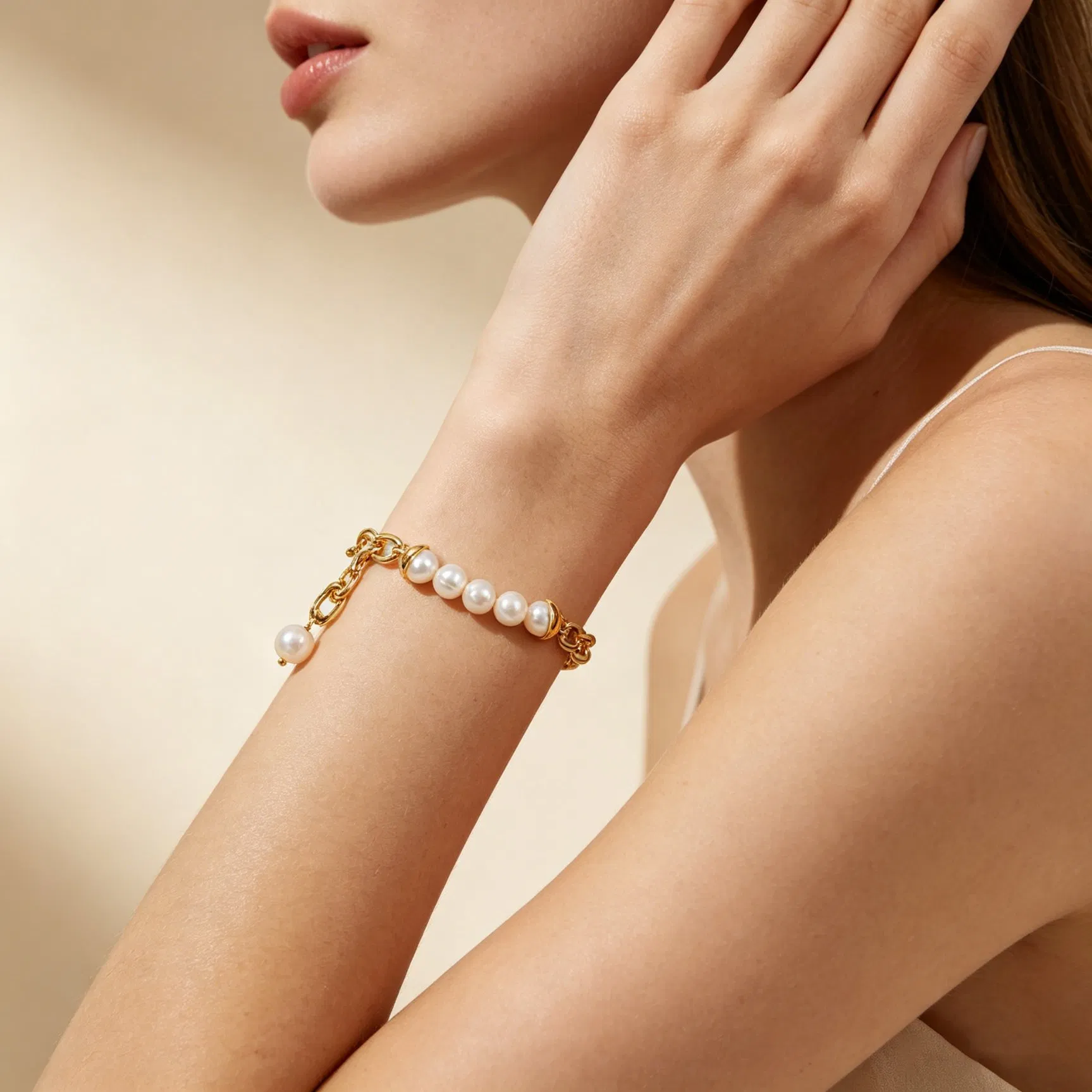 Estilo Clássico Vintage, Joias de Pérola de Água Doce Natural Brilhante, Liga de Cobre Banho de Ouro, Pulseira Ajustável Amiga da Pele para Uso Diário