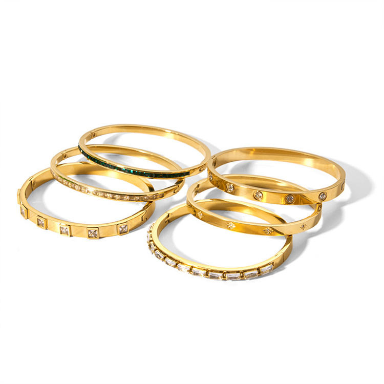 Pulseira de Aço Inoxidável Dourada com Diamante de Zircônia em Círculo Retrô para Mulheres 18K