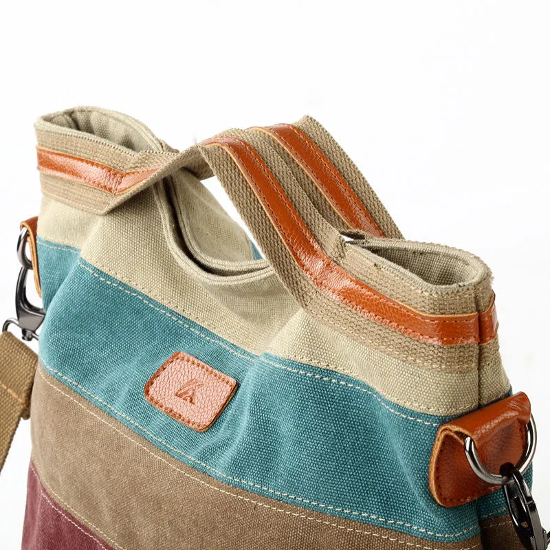 Bolsa Hobo Casual Colorida de Listras em Lona para Mulheres e Meninas