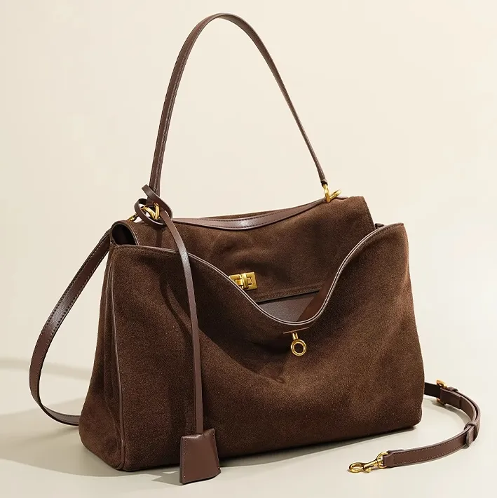 Bolsa Tote de Camurça Feminina, Bolsa Hobo para Senhora, Bolsa de Ombro