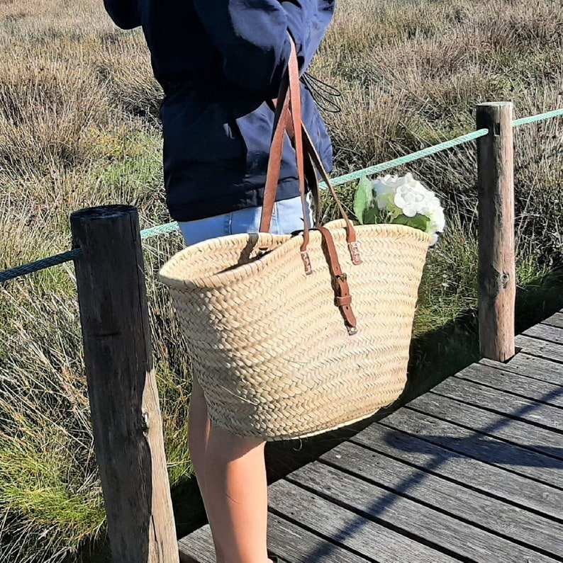 Bolsa de Mercado de Palha Feita à Mão com Acentos de Couro Estilo Ecológico para Compras