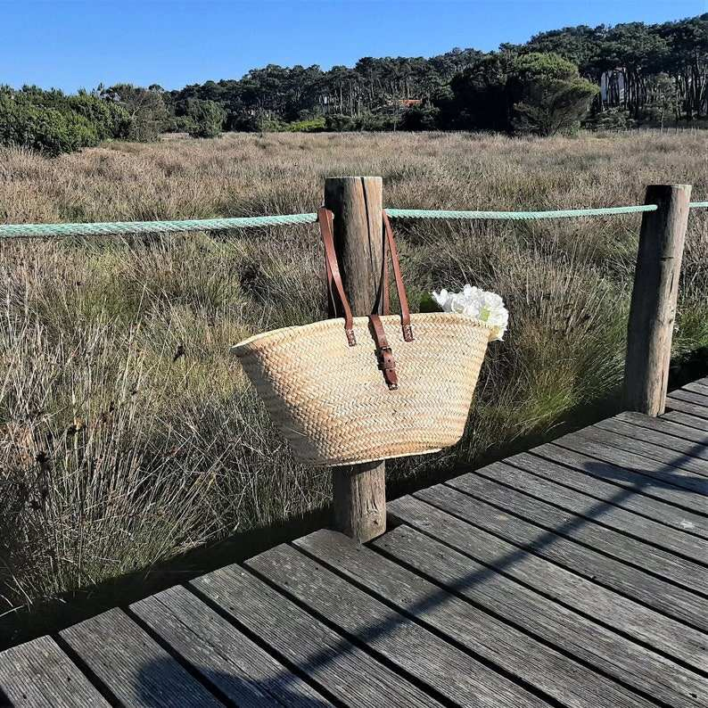Bolsa de Mercado de Palha Feita à Mão com Acentos de Couro Estilo Ecológico para Compras