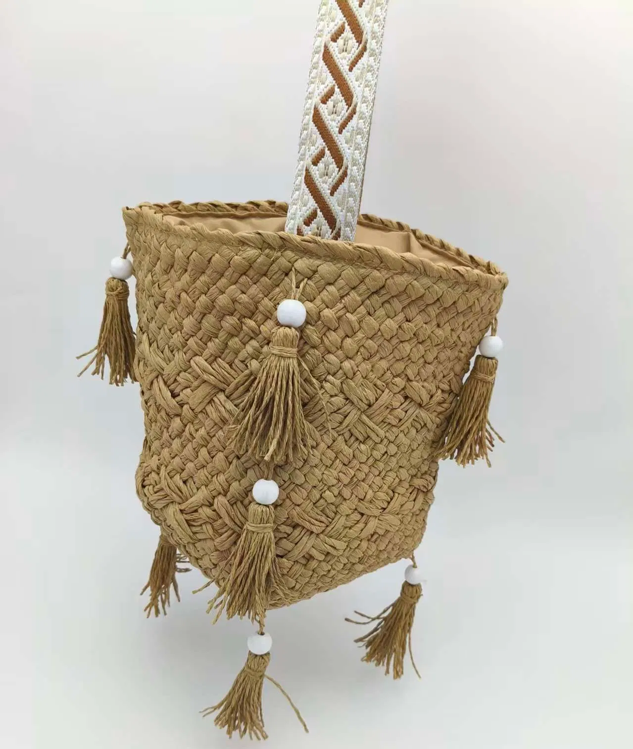 Bolsa de Praia de Ombro Feita à Mão com Franjas e Contas - Bolsa Transversal Boêmia para Mulheres, Bolsa de Palha Trançada Casual de Verão